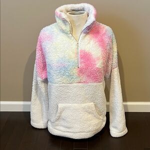 Womens cozy fleece Sherpa pullover w/tye dye pattern  1/4 zip sz L